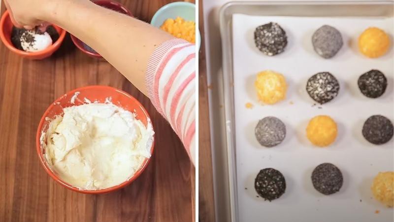 Lăn viên kem phô mai qua các loại hạt