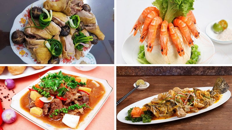 Gà hấp nấm, tôm hấp nước dừa, bò hầm tiêu, cá chẽm sốt chanh leo