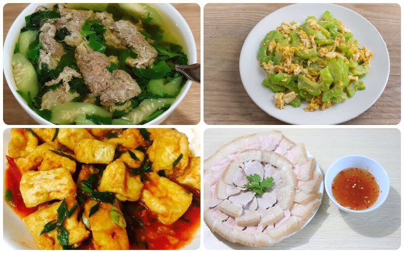 Canh cua rau đay, khổ qua xào trứng, đậu hũ sốt cà chua, thịt luộc