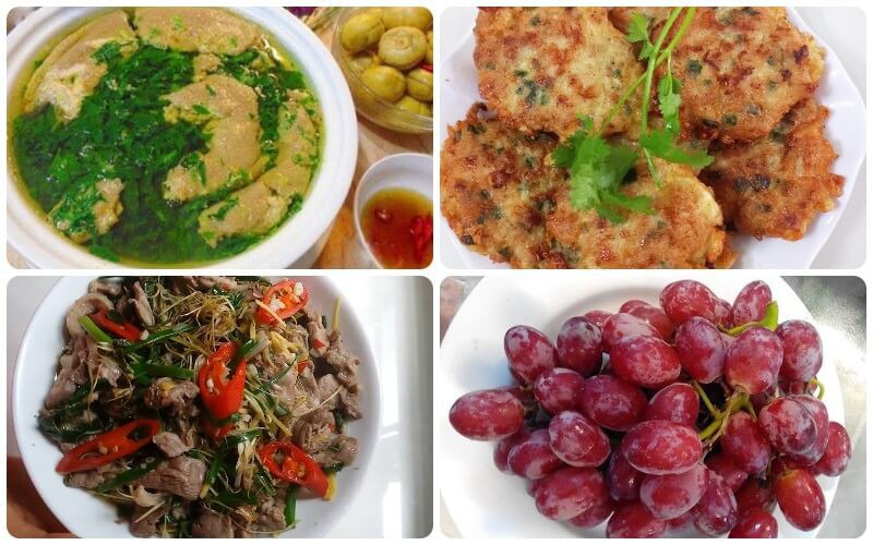 Canh cua, chả thịt rán, thịt ngan xào sả và hành tây chua ngọt, dĩa nho